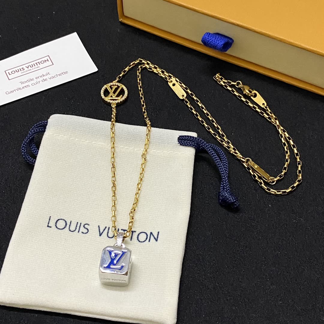 Louis Vuitton Gold Tone Chain Necklace with Logo Pendant